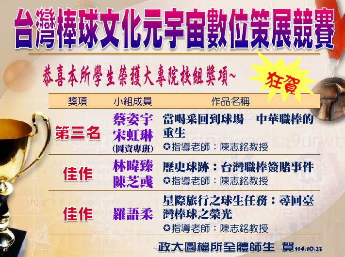恭喜專班蔡姿宇、宋虹琳榮獲臺灣棒球文化元宇宙數位策展競賽第三名